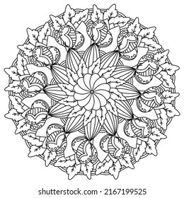 mandala with butterflies and oak leaves, meditative coloring page with striped curls vector illustration