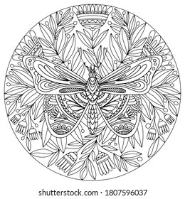 mandala with butterfly decorated with ornaments on a white background decorated with flowers folk style for coloring, vector, mandala