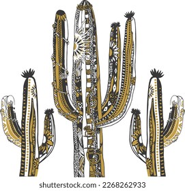 Mandala cactus.Vintage hand drawn illustrations with cactus in engraving style. Vector collection of black and yellow  hand drawn cactus sketch collection isolated on white background .cactus icon se