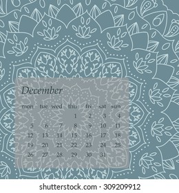 Mandala Calendar December 2016. Vintage decorative elements. Oriental pattern, vector illustration. Islam, Arabic, Indian, Turkish, Pakistan, Chinese, ottoman motifs