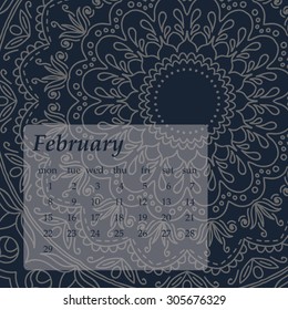 Mandala Calendar February 2016. Vintage decorative elements. Oriental pattern, vector illustration. Islam, Arabic, Indian, turkish, pakistan, chinese, ottoman motifs