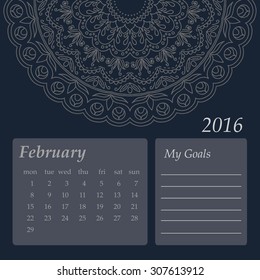 Mandala Calendar February 2016. Vintage decorative elements. Oriental pattern, vector illustration. Islam, Arabic, Indian, turkish, pakistan, chinese, ottoman motifs