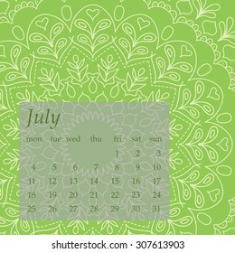 Mandala Calendar July 2016. Vintage decorative elements. Oriental pattern, vector illustration. Islam, Arabic, Indian, turkish, pakistan, chinese, ottoman motifs

