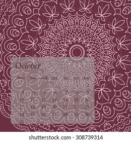 Mandala Calendar October 2016. Vintage decorative elements. Oriental pattern, vector illustration. Islam, Arabic, Indian, turkish, pakistan, chinese, ottoman motifs