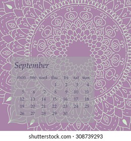 Mandala Calendar September 2016. Vintage decorative elements. Oriental pattern, vector illustration. Islam, Arabic, Indian, turkish, pakistan, chinese, ottoman motifs