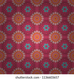 Mandala card in orange, magenta and white colors for backgrounds, invitations, birthday cards, wallpapers and etc. Vector mandala seamless pattern.