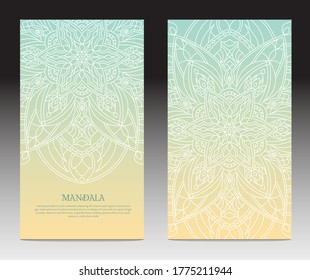Mandala card set, elegant, vintage and decorative. Wedding invitation, thank you card. Dreamy gradient wallpaper with mandala pattern.