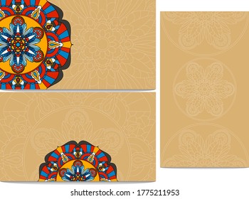 Mandala card set, elegant, vintage and decorative. Wedding invitation, thank you card. Dreamy gradient wallpaper with mandala pattern.