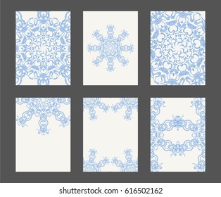 Mandala card template set. Stock vector illustration for layout design with circle decorative pattern in calm romantic colors.