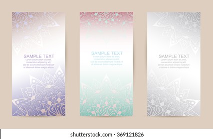 Mandala card templates set. Three cute flyers with patterns. Can be used for advertisements, invitations, greetings, postcards, cards etc.