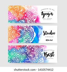 Mandala cards design.Ethnic Mandala ornament. Colorful ornamental ethnic banner set. Mandala cards over colorful watercolorbackdrop. Vector illustration for congratulation or invitation