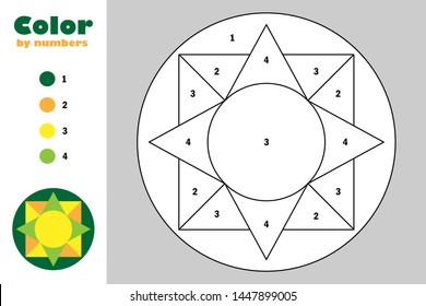 Mandala in cartoon style, color by number, education paper game for the development of children, coloring page, kids preschool activity, printable worksheet, vector illustration