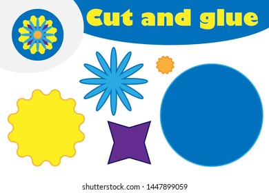 Mandala in cartoon style, education game for the development of preschool children, use scissors and glue to create the applique, cut parts of the image and glue on the paper, vector illustration