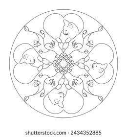 Mandala. Cat inside heart. Coloring page. Art therapy.	