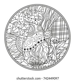 Mandala with cat. Zentangle. Hand drawn cat with abstract patterns on isolation background. Design for spiritual relaxation for adults. Black and white illustration for coloring. Outline for t-shirts