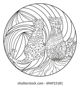 Mandala with cats. Zentangle. Hand drawn cat with abstract patterns on isolation background. Design for spiritual relaxation for adults. Black and white illustration for coloring. Outline for t-shirts