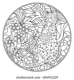 Mandala with cats. Zentangle. Hand drawn cat with abstract patterns on isolation background. Design for spiritual relaxation for adults. Black and white illustration for coloring. Outline for t-shirts