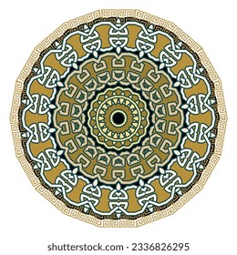 Mandala. Celtic greek style round mandala pattern. Ornamental tribal ethnic vector background. Intricate celtic arabic circle ornaments with arabesque elements, greek key, meanders, frames, borders.