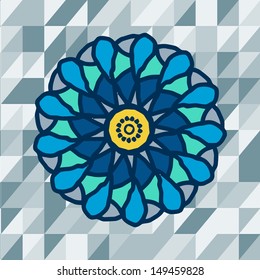 Mandala in the center on blue geometry background. Vector image.