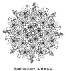 Mandala with chestnut leaves and flowers on a white background. Anti-stress coloring book for children and adults. Meditative drawing