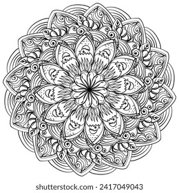 Mandala with chickens and flowers, fantasy doodle coloring page vector illustration for holiday activity for Easter