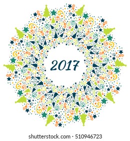 Mandala Christmas and New Year 2017. The festive mood. The mandala shows the gifts, Christmas trees, snowflakes, ribbons, confetti. Holiday card or just decorate for the holidays!