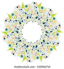 Mandala Christmas and New Year. The festive mood. The mandala shows the gifts, Christmas trees, snowflakes, ribbons, confetti. Holiday card or just decorate for the holidays!