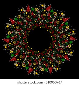 Mandala Christmas and New Year. The festive mood. The mandala shows the gifts, Christmas trees, snowflakes, ribbons, confetti. Holiday card or just decorate for the holidays! Black background.