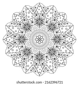 Mandala with Christmas trees and snowflakes. Anti-stress coloring book for children and adults. Decorative element for printing