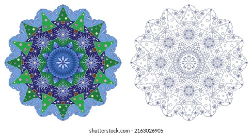 Mandala with Christmas trees and snowflakes. Anti-stress coloring book for children and adults. Decorative element for printing