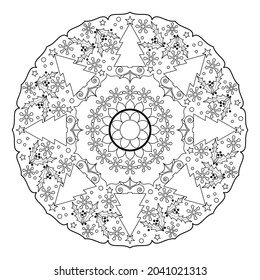 Mandala with Christmas trees, snowflakes, holly leaves and stars. Anti-stress coloring book for children and adults. Decorative element on a white background.