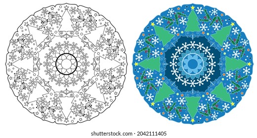 Mandala with Christmas trees, snowflakes, holly leaves and stars. Anti-stress coloring book for children and adults. Decorative element on a white background.