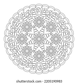 Mandala with Christmas trees, snowflakes, holly leaves and stars. Anti-stress coloring book for children and adults. Decorative element on a white background.