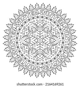 Mandala with Christmas trees, snowflakes and the inscription "winter" on a white background. Anti-stress coloring book for children and adults