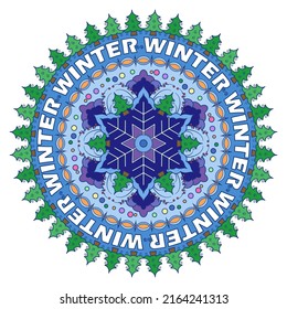 Mandala with Christmas trees, snowflakes and the inscription "winter" on a white background. Anti-stress coloring book for children and adults