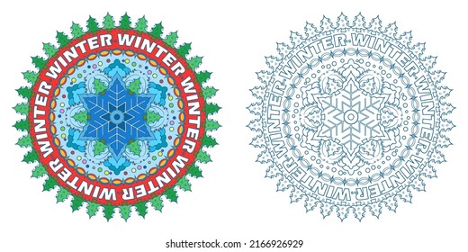 Mandala with Christmas trees, snowflakes and the inscription "winter" on a white background. Anti-stress coloring book for children and adults