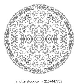 Mandala con árboles de Navidad, copos de nieve y la inscripción "Feliz Navidad" en un fondo blanco. Libro de colorantes antiestrés para niños y adultos. Elemento decorativo para el diseño.