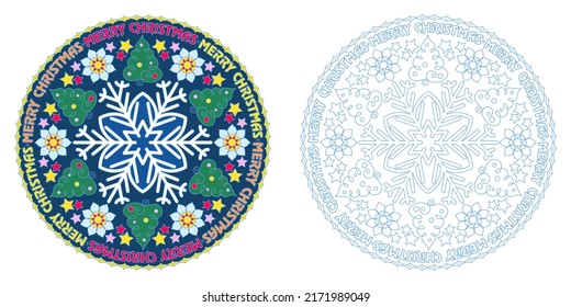 Mandala con árboles de Navidad, copos de nieve y la inscripción "Feliz Navidad" en un fondo blanco. Libro de colorantes antiestrés para niños y adultos. Elemento decorativo para el diseño.