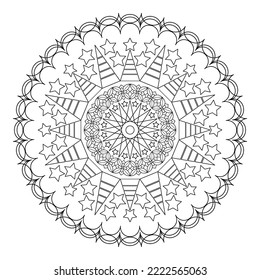 Mandala con árboles de Navidad y estrellas de fondo blanco. Libro de colorantes antiestrés para niños y adultos. Elemento decorativo para el diseño