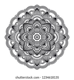 Mandala. Circle ethnic ornament. Hand drawn traditional indian round element. Spiritual meditation yoga henna theme. Unique print. Template for coloring