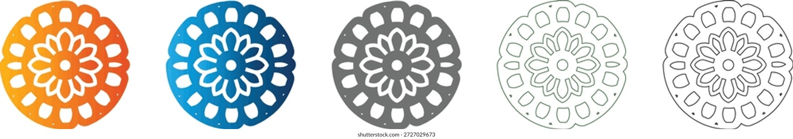 Ein Mandala-Kreis-Flachsymbol-Set-Symbol in massiver schwarzer Vektorgrafik, einzeln auf weißem Hintergrund. Ein sauberes und skalierbares Grafikdesign.