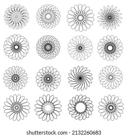 Mandala circle flower set, black line art style
