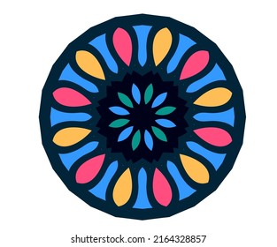 mandala circle flower shaped Pattern with multi colors with blue hues. Abstract vector floral ornamental border design. kaleidoscope,  india, arabic, vector illustration. 
