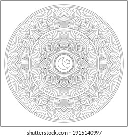 Mandala circle pattern. peaceful and concentration. Learning and education coloring page illustration for adults and children. Outline style, black and white drawing