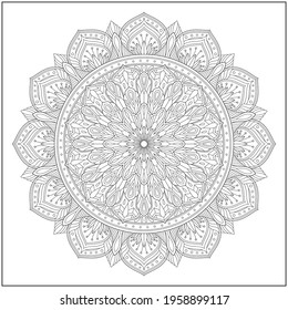 Mandala circle pattern. peaceful and concentration. Learning and education coloring page illustration for adults and children. Outline style, black and white drawing