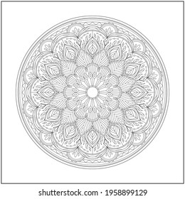 Mandala circle pattern. peaceful and concentration. Learning and education coloring page illustration for adults and children. Outline style, black and white drawing