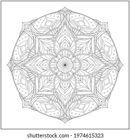Mandala circle pattern. peaceful and concentration. Learning and education coloring page illustration for adults and children. Outline style, black and white drawing