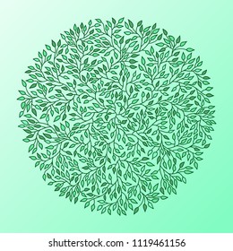 Mandala Circle Pattern. Round Tree Leaves Ornament. Green Vector Illustration.