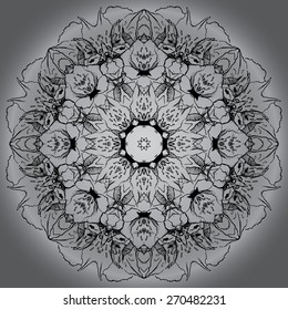 Mandala circle round monochrome black white gray background