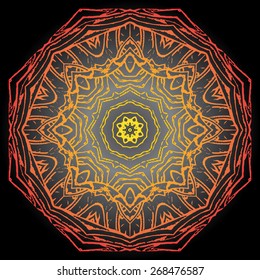Mandala circle round orange red yellow black background